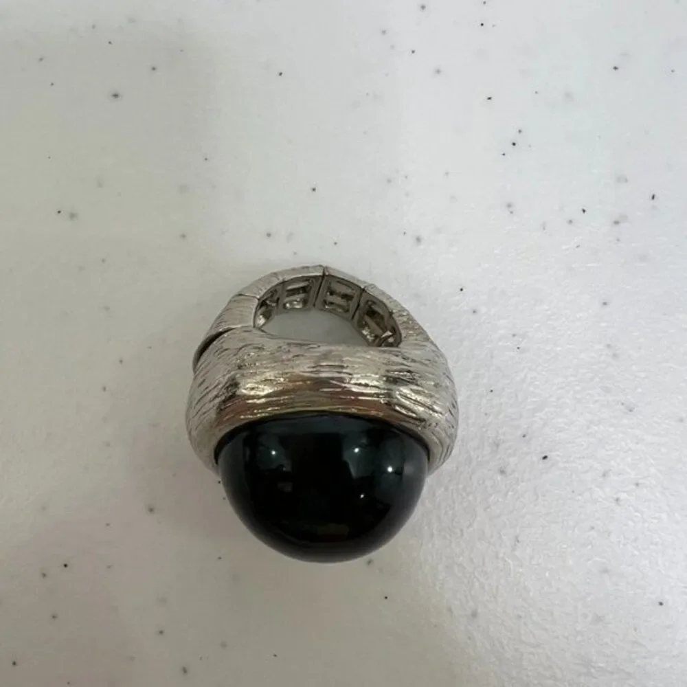 Cocktail Ring Black Silver Tone Stretch Adjustable Big Gaudy Dome Textured  Used